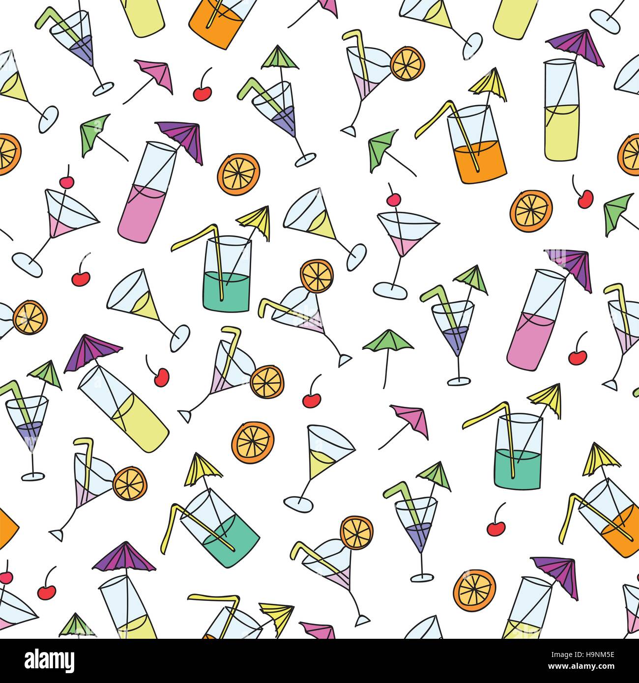 Seamless pattern of hand drawn cocktails on a white background Stock