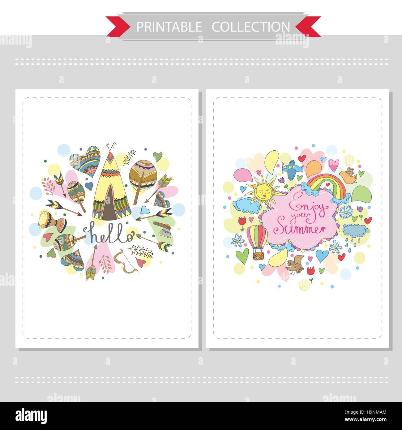 Cute hand drawn doodle cards with different elements -Printable