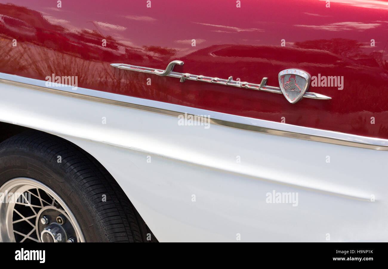 Detail of the rear side badge of the 1958 Holden FC series, an automobile produced by Holden in Australia Stock Photo