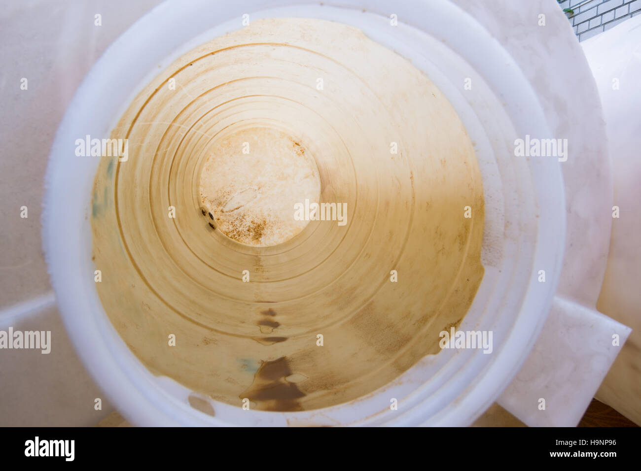 Dirty rusty sediment at the bottom and the walls of the plastic tank in