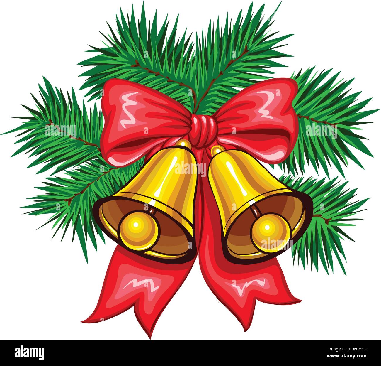 Vector illustration of shiny golden Christmas bells decorated with red ...