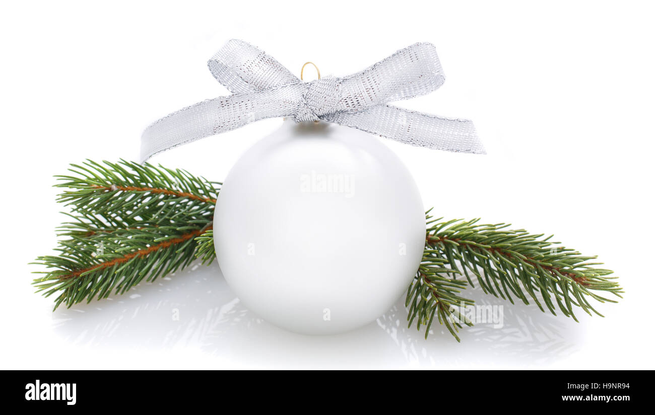 silver Christmas ball and fir branches isolated on white Stock Photo ...