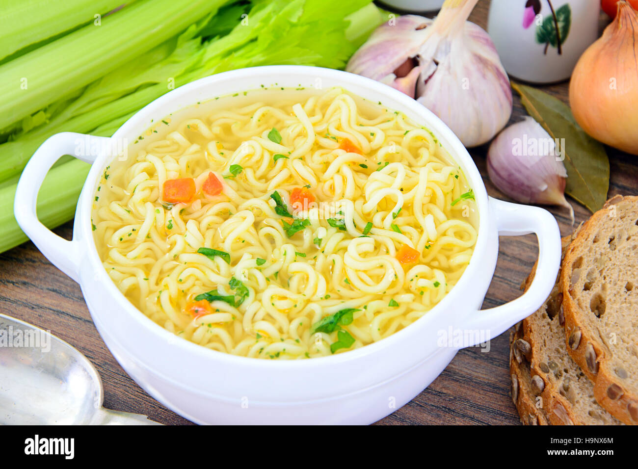 Chicken Soup with Noodles Stock Photo - Alamy