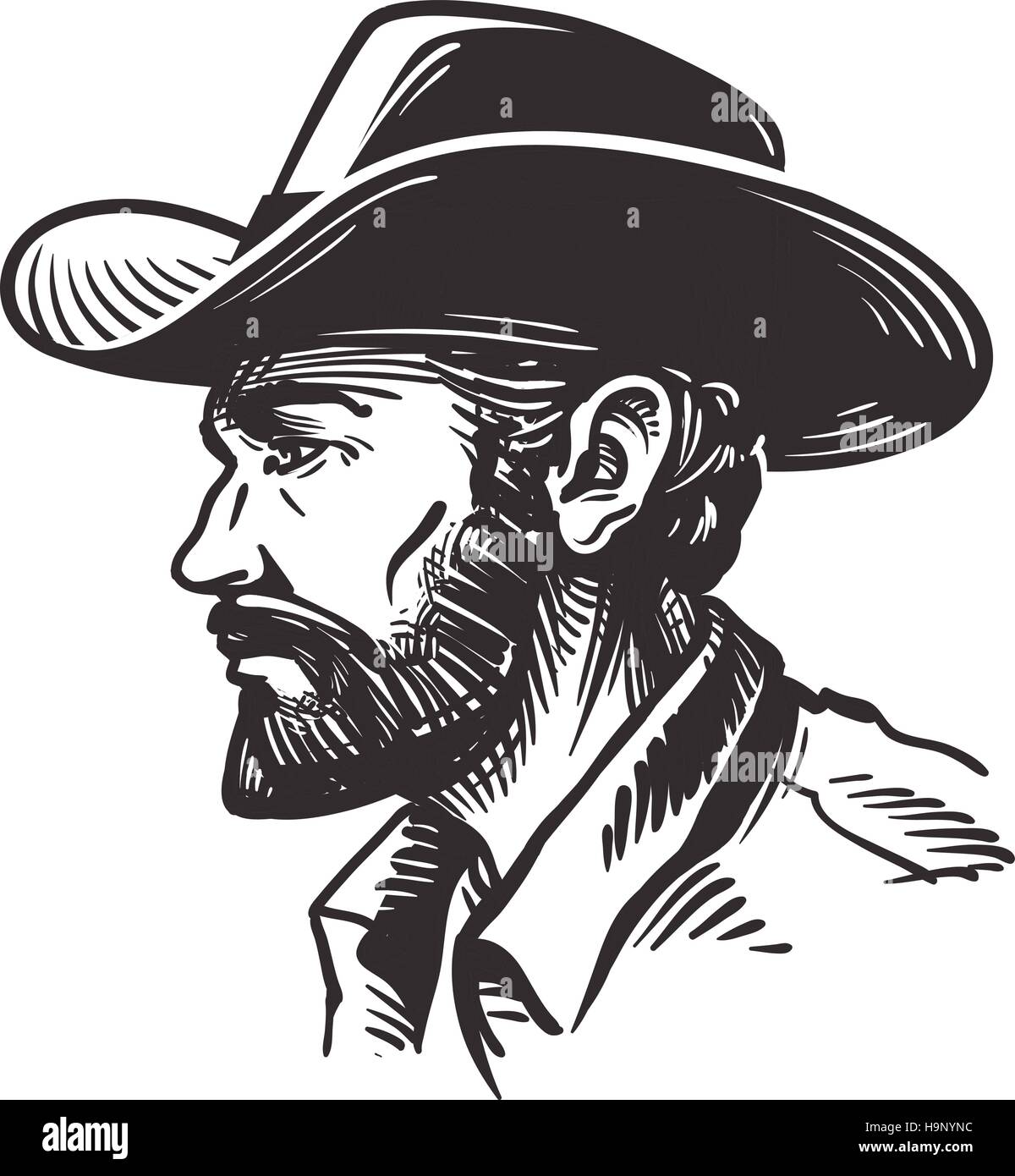 Portrait man in cowboy hat. Sketch vector illustration Stock Vector