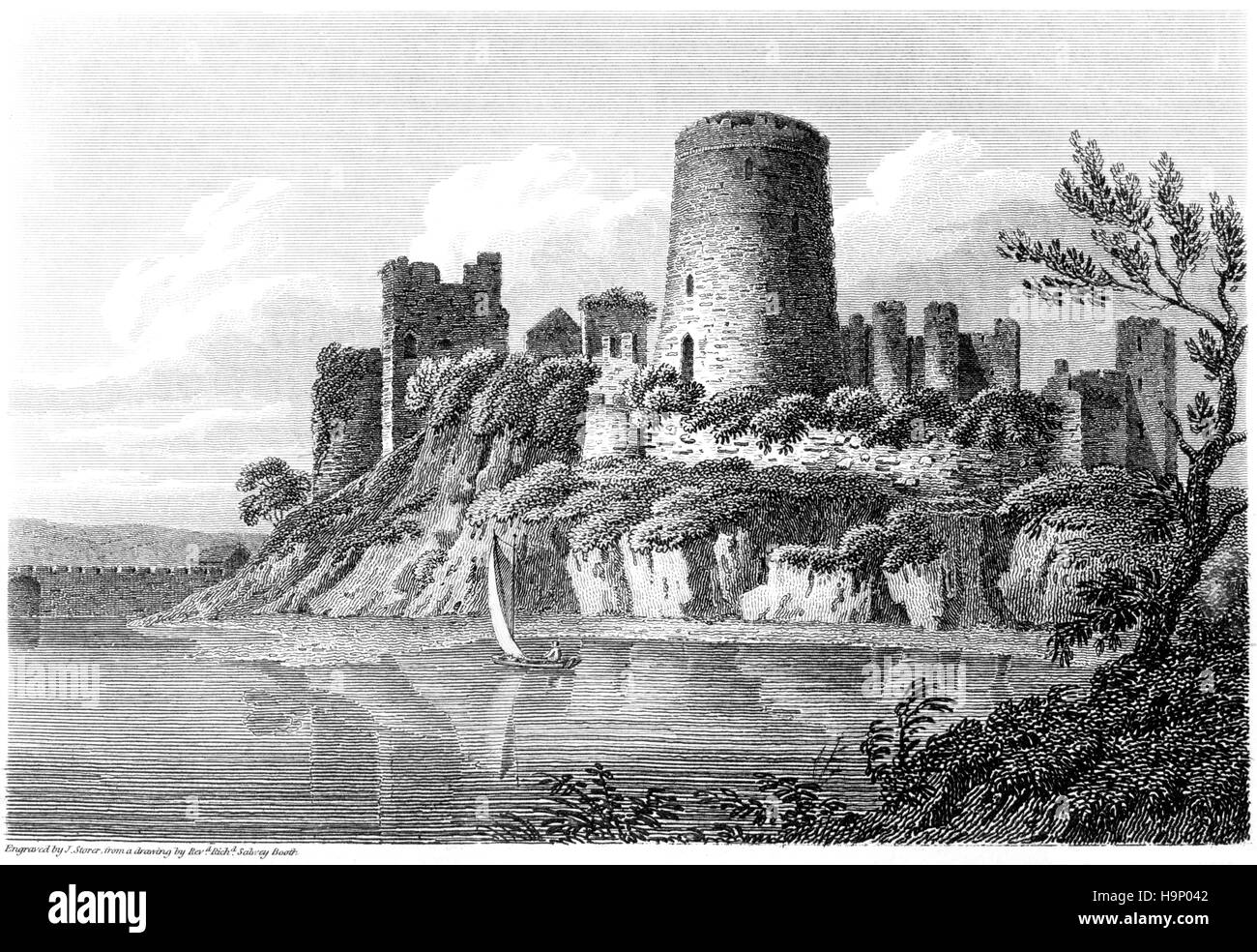 An engraving of Pembroke Castle, Pembrokeshire scanned at high resolution from a book printed in 1812. Believed copyright free. Stock Photo