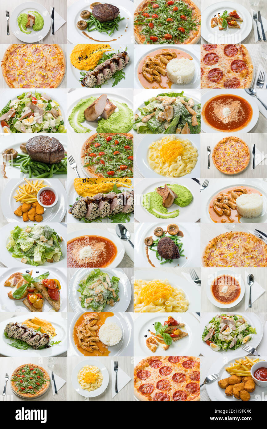 Collage of variety food and dishes served in restaurant Stock Photo