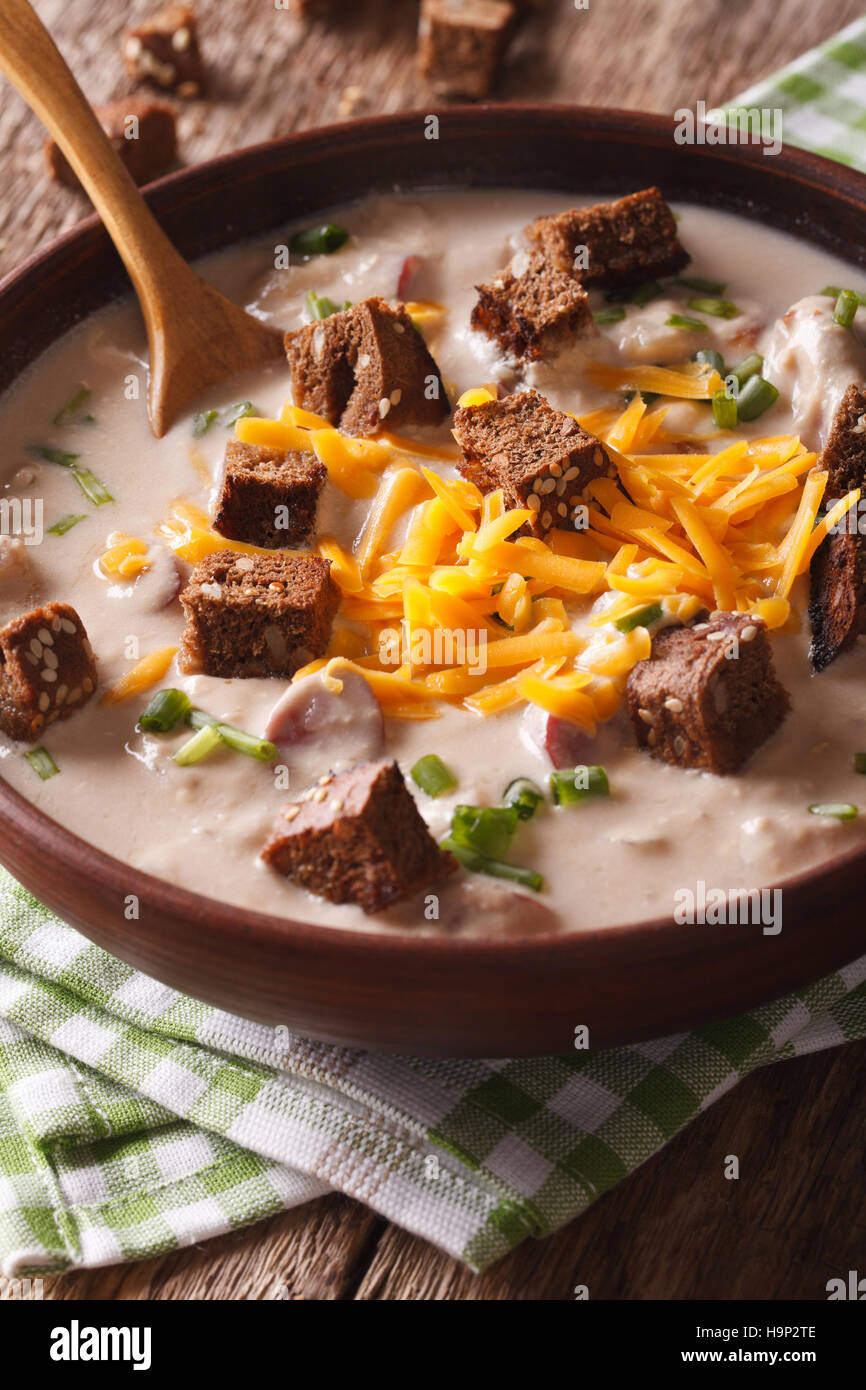 Bavarian beer soup with cheese and bacon close up in a bowl on the table. vertical Stock Photo