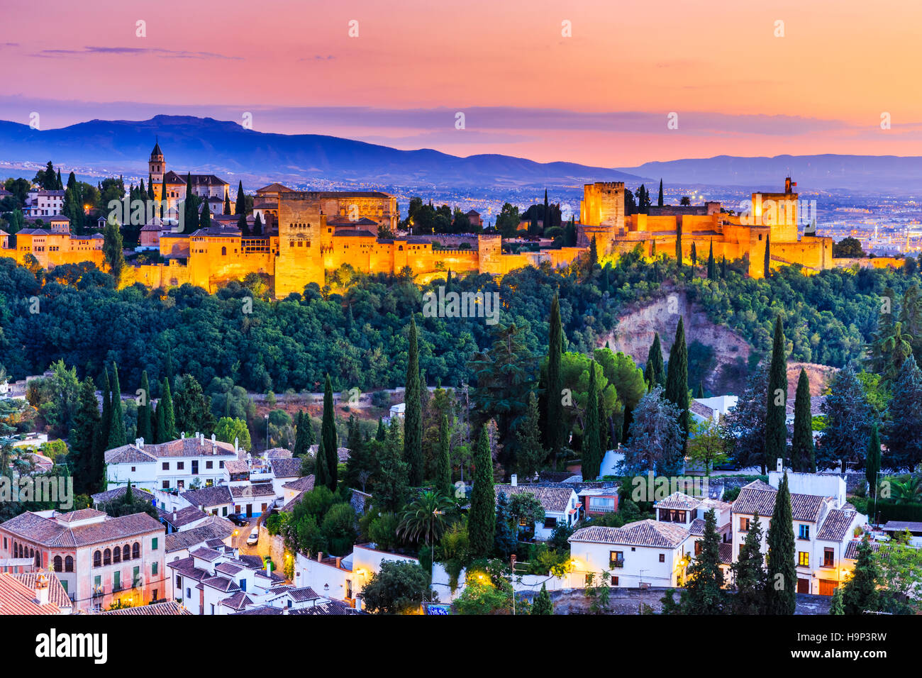 Alhambra of Granada, Spain. Alhambra fortress at twilight. Stock Photo