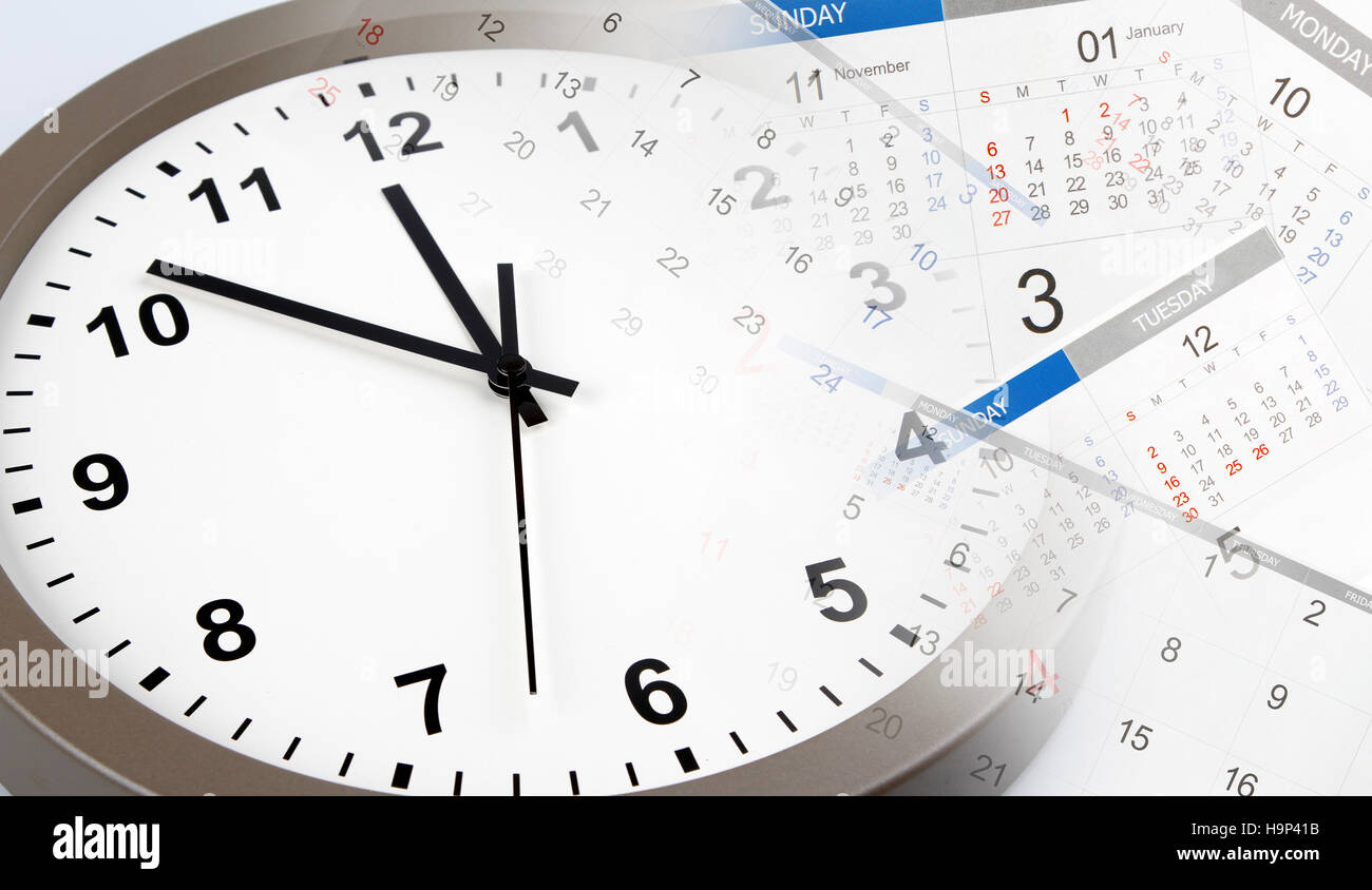 Clock face and calendars composite Stock Photo