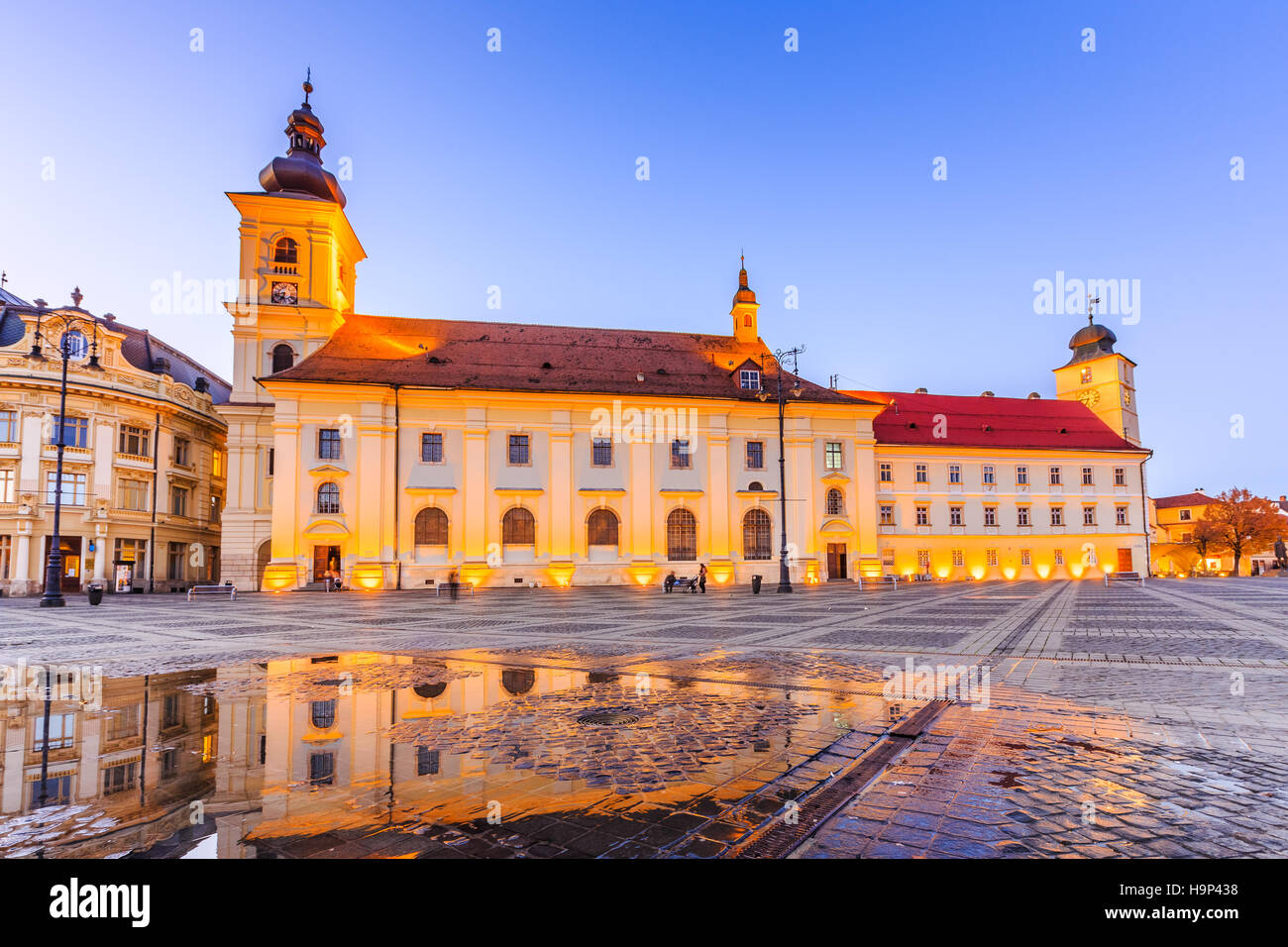 Sibiu, Romania. Large Square and City Hall. Transylvania medieval city. Stock Photo