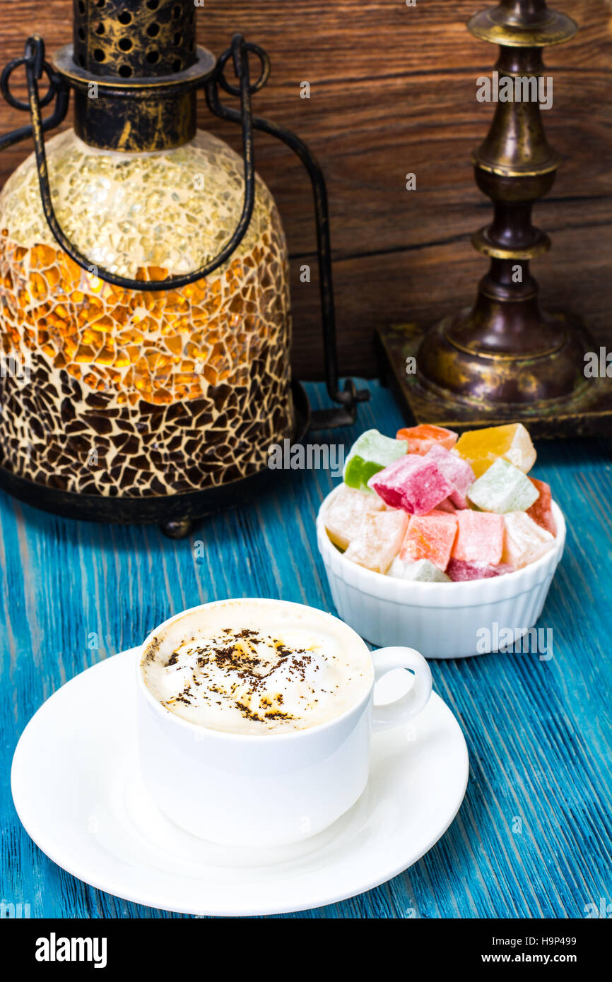 Eastern dessert Turkish delight and coffee with cream. Studio Photo Stock Photo Alamy