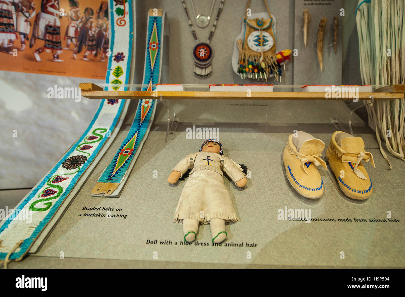 Doll, beadwork and Moccasins, Human History Museum, Zion National Park, Utah, USA. Stock Photo