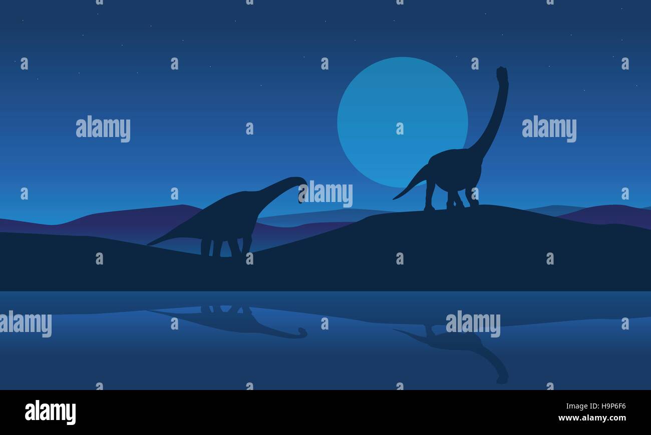 Silhouette of brachiosaurus on riverbank scenery Stock Vector Image ...