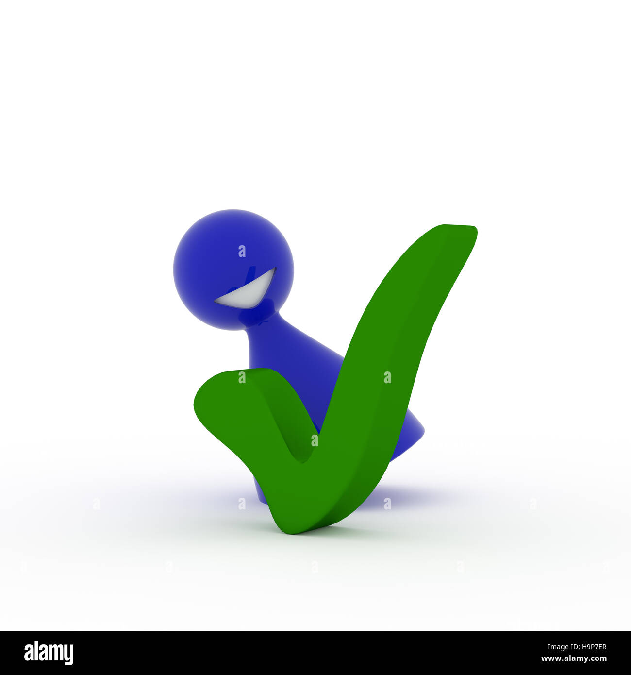 Blue character with a green check mark, 3d rendering Stock Photo