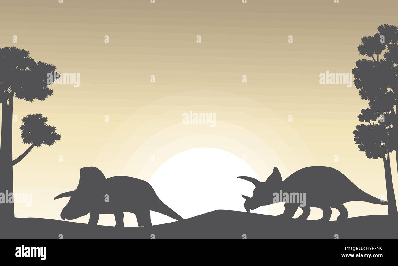 Silhouette of two triceratops on the hill scenery Stock Vector Image ...