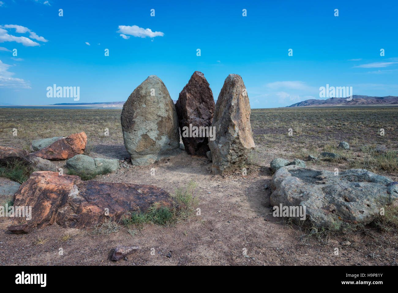 Ancient fireplace stones, Site of a 12th-century camp of Ghengis Khan and his troops, National Park Altyn-Emel, Almaty region, Stock Photo