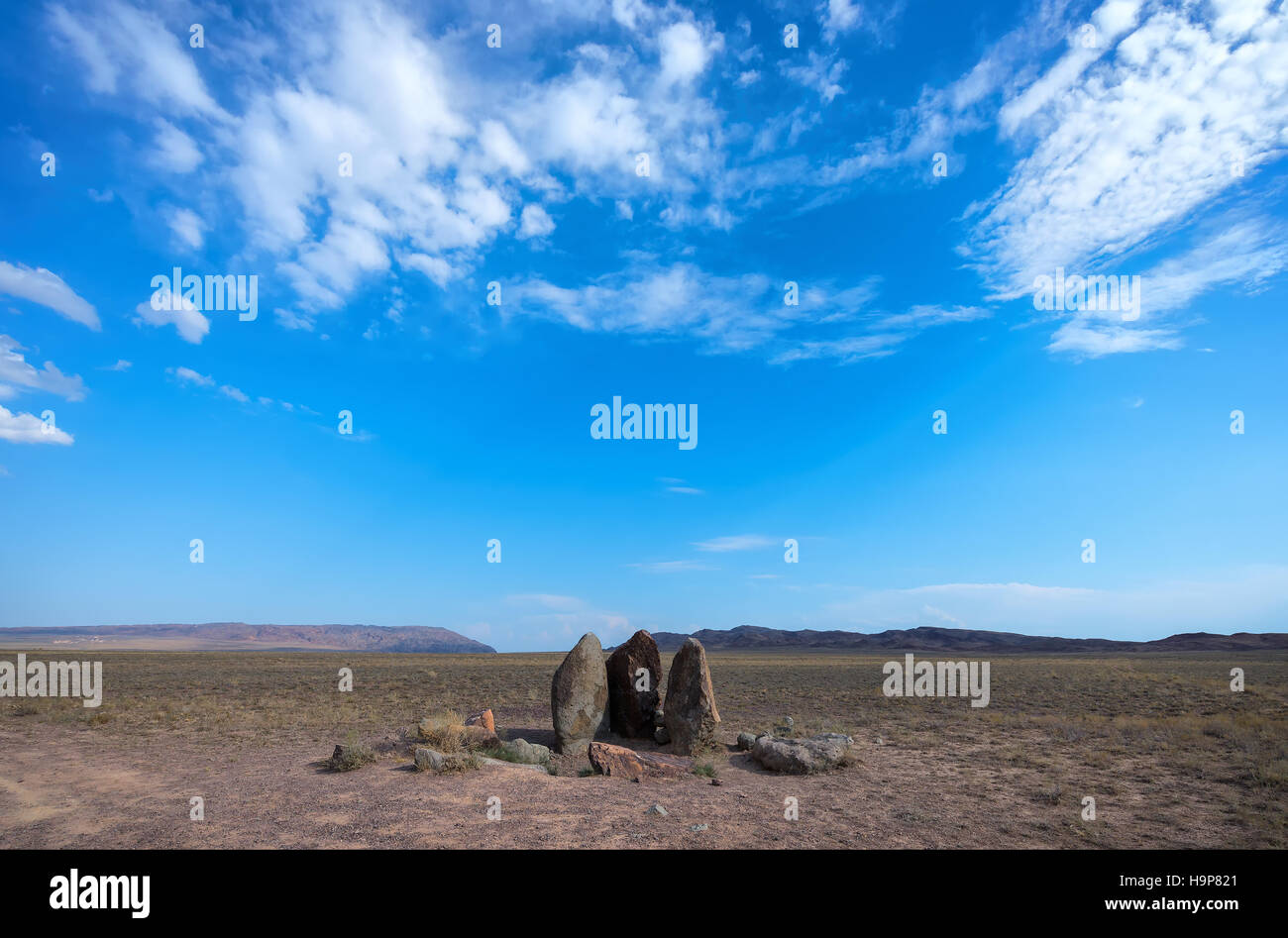Ancient fireplace stones, Site of a 12th-century camp of Ghengis Khan and his troops, National Park Altyn-Emel, Almaty region, Stock Photo
