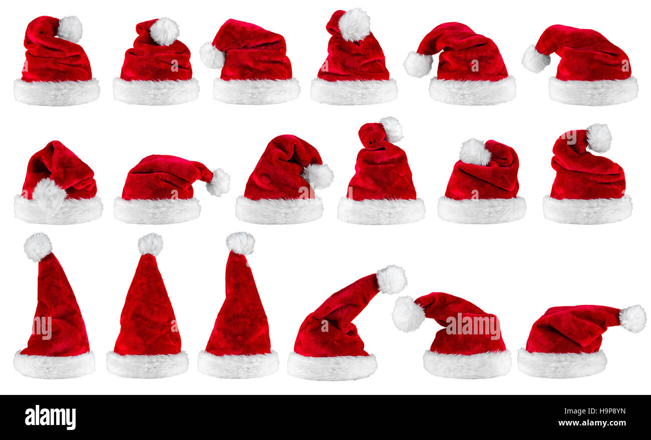 big set collection of red white plush santa claus christmas xmas hat isolated background Stock Photo