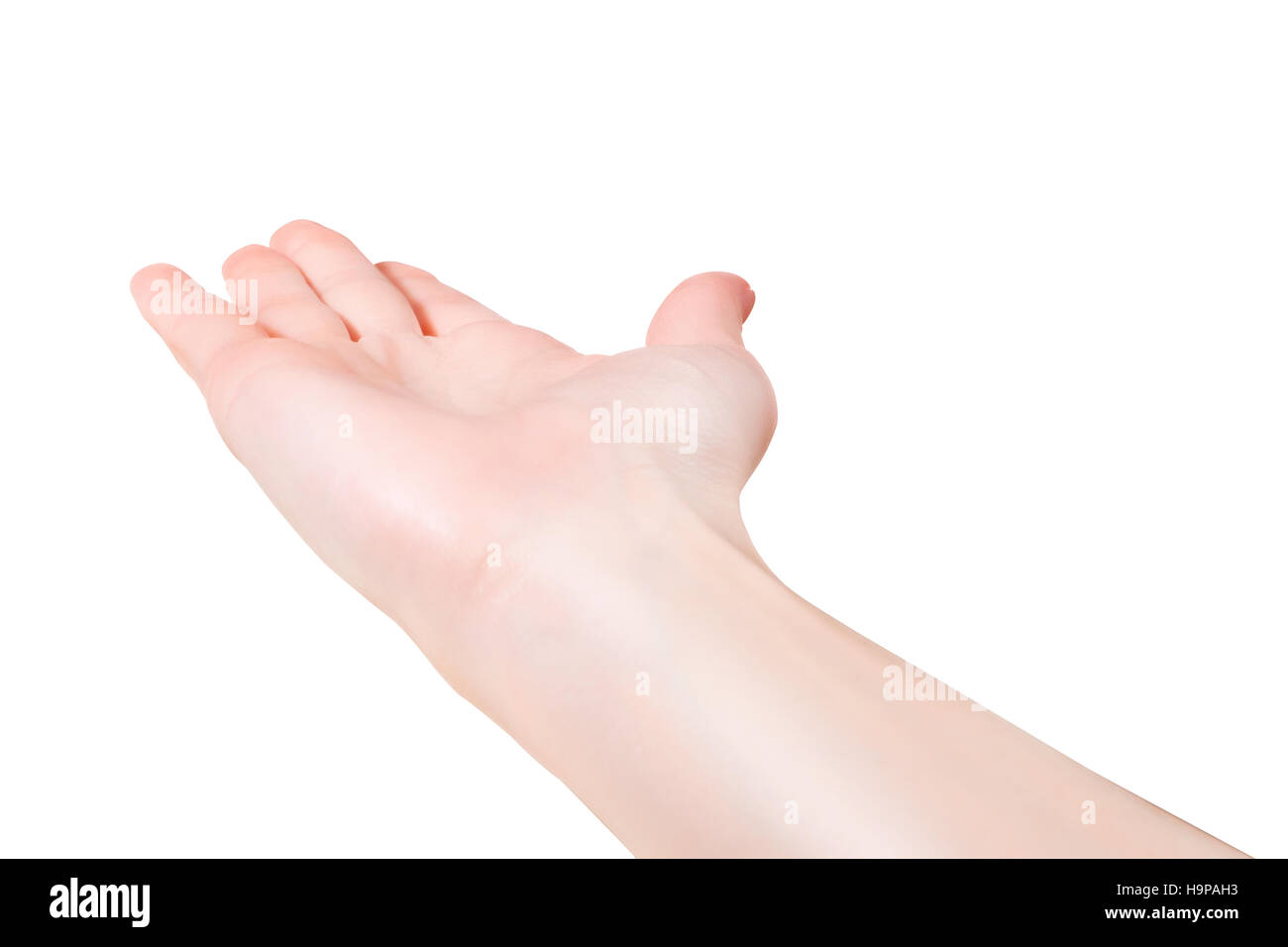 Woman hand open palm up gesture, giving, showing or demanding something. First person view, isolated on white with clipping path Stock Photo