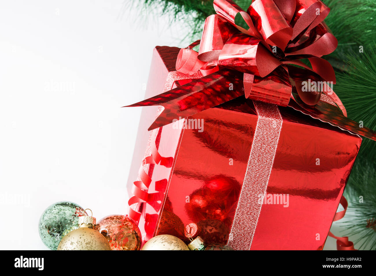 Red gift box and Christmas balls isolated on white background Stock ...