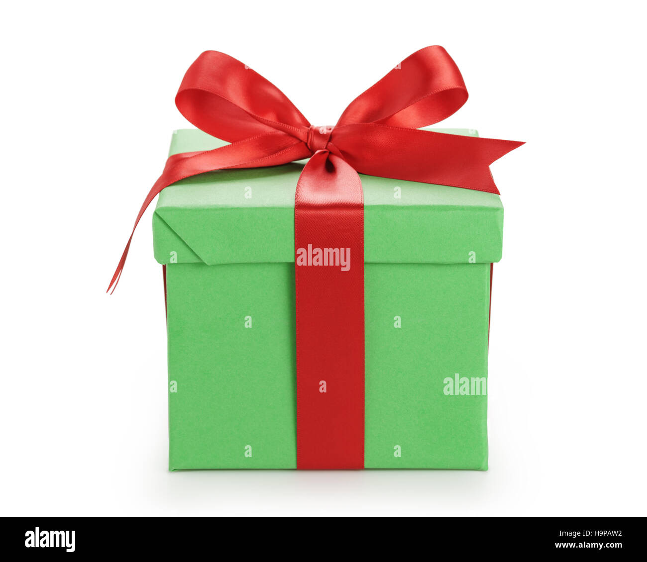 green gift box with red ribbon bow isolated on white Stock Photo Alamy