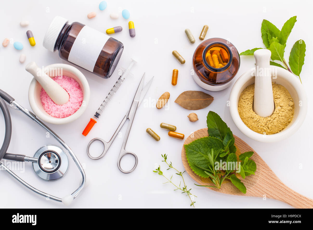 Herbal medicine VS Chemical medicine the alternative healthy car Stock