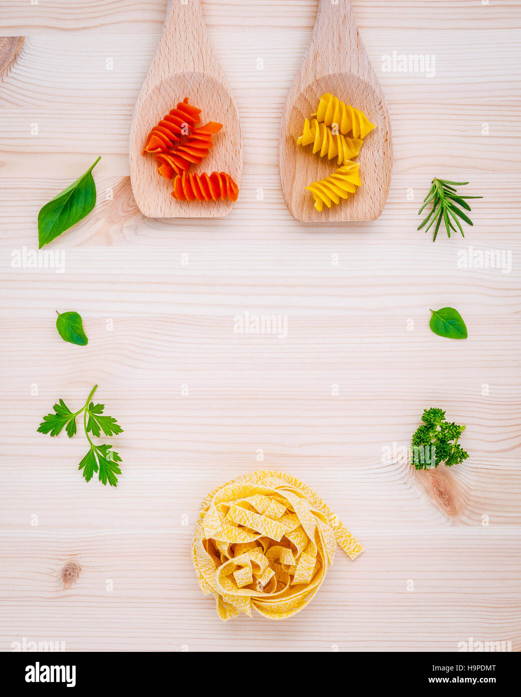 Italian food concept pasta with vegetables olive oil  with spice Stock Photo