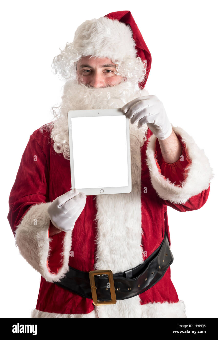 Santa holding tablet pc with blank screen,isolated on white background ...