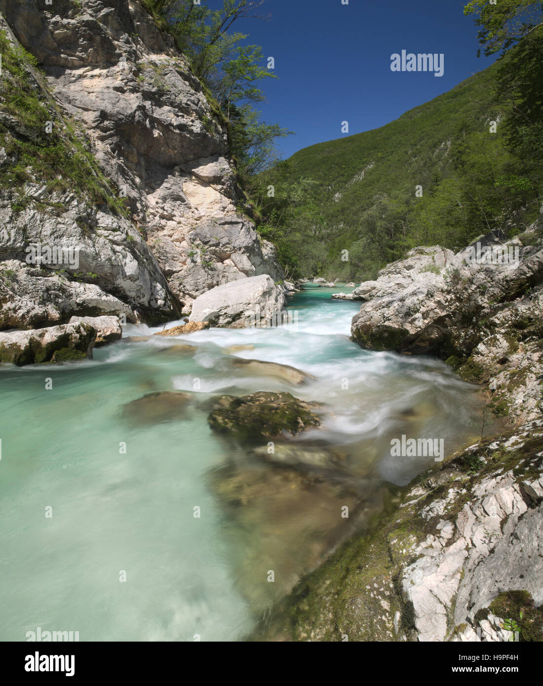View of the Soca river (Isonzo) near Bovec, Slovenia Stock Photo