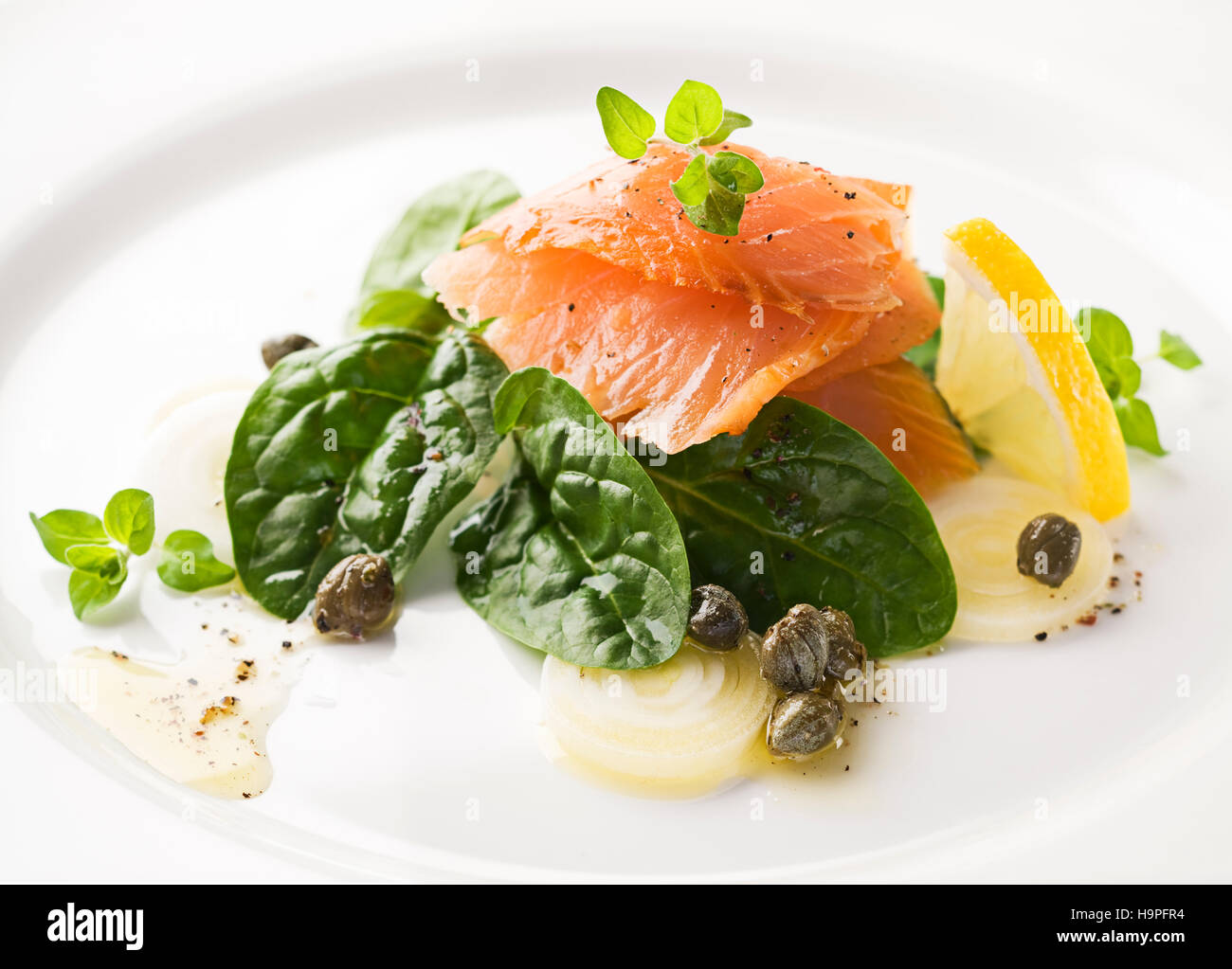 Smoked salmon with spinach, capers, and spring onions close up Stock