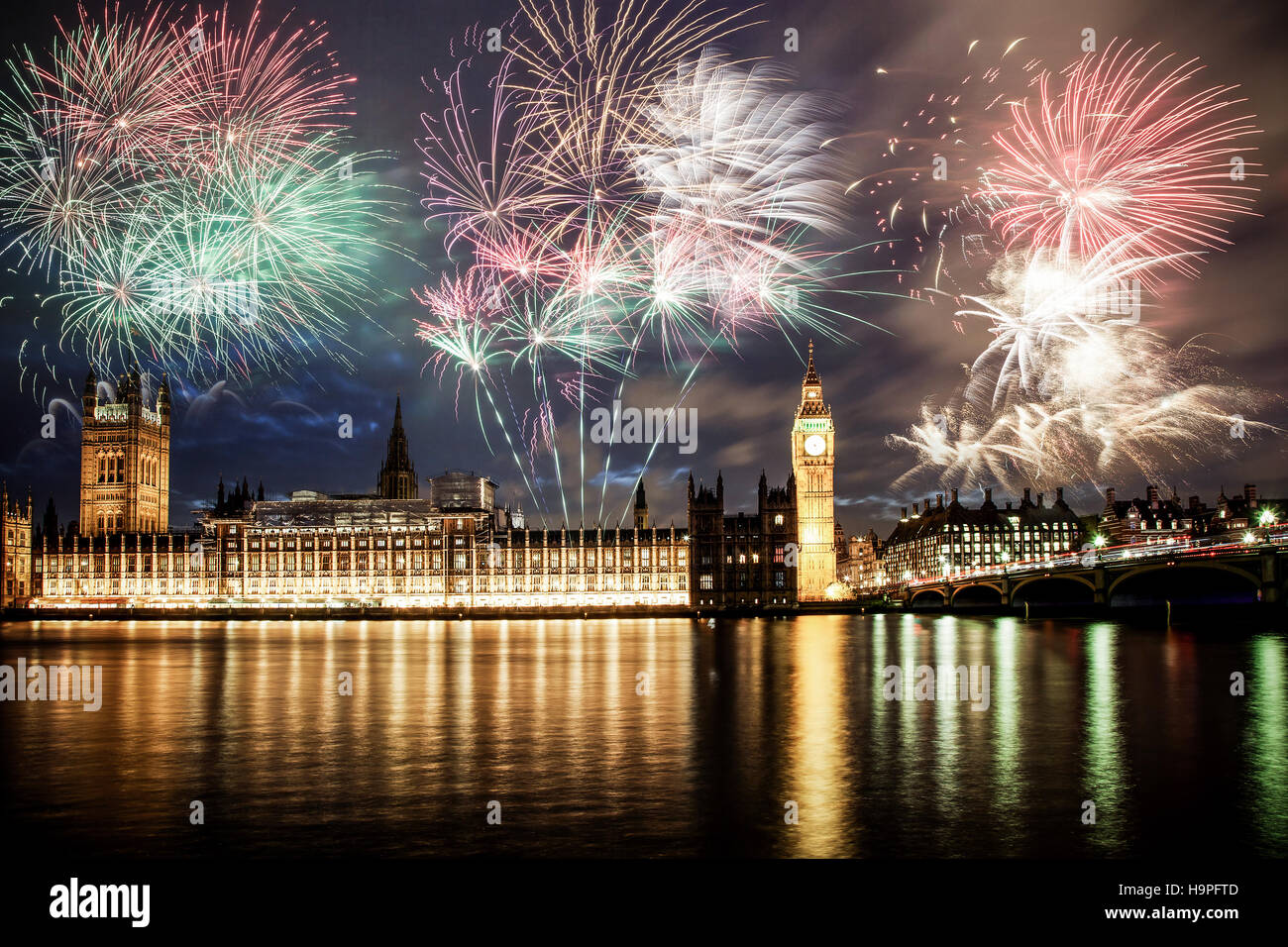 explosive fireworks around Big Ben. New Year's Eve celebration Stock