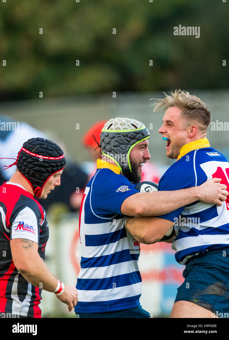 Rugby player ecstatic after scoring with a touch. Stock Photo