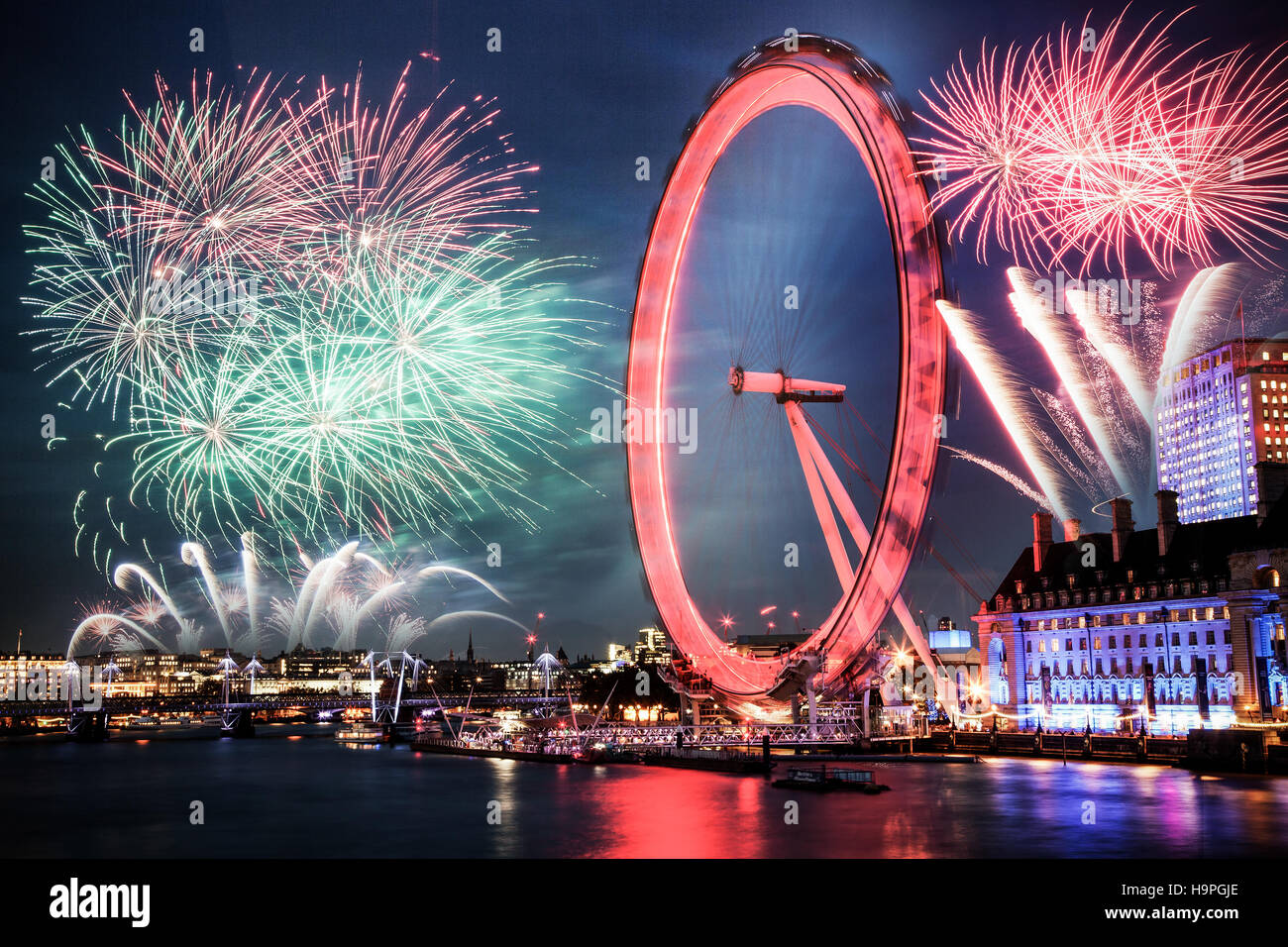 Tower bridge with firework, celebration of the New Year in London, UK Stock Photo