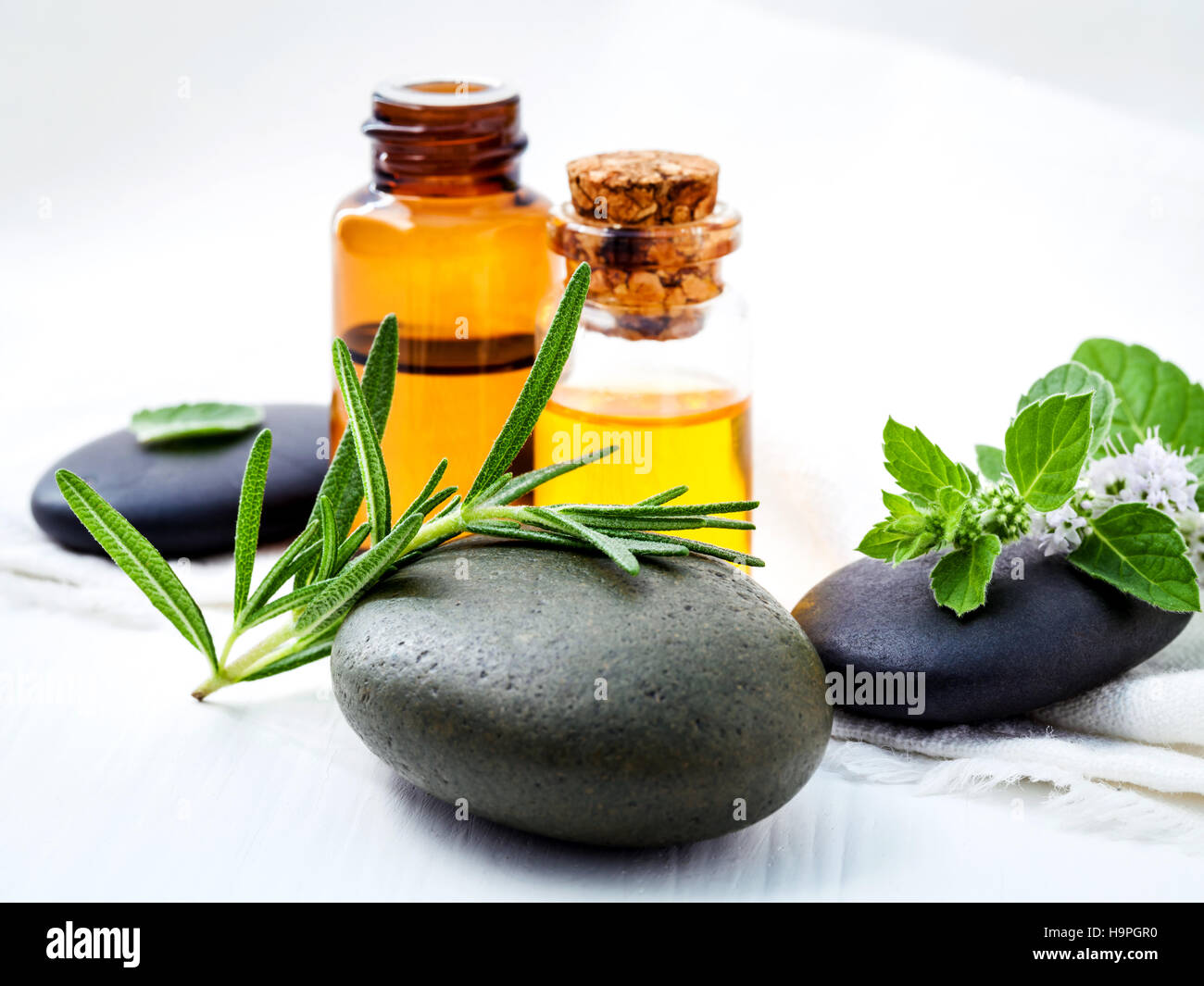 Fresh rosemary and fresh peppermint on spa stone with essential Stock Photo