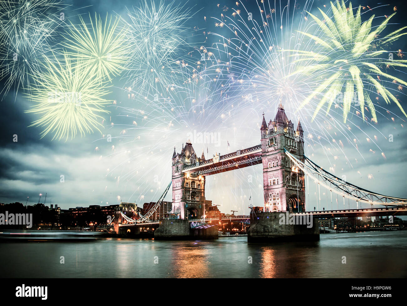 Tower bridge with firework, celebration of the New Year in London, UK Stock Photo