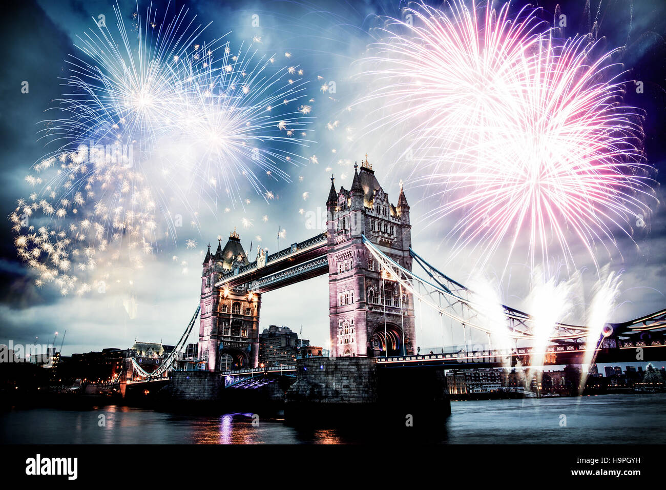 Tower bridge with firework, celebration of the New Year in London, UK Stock Photo