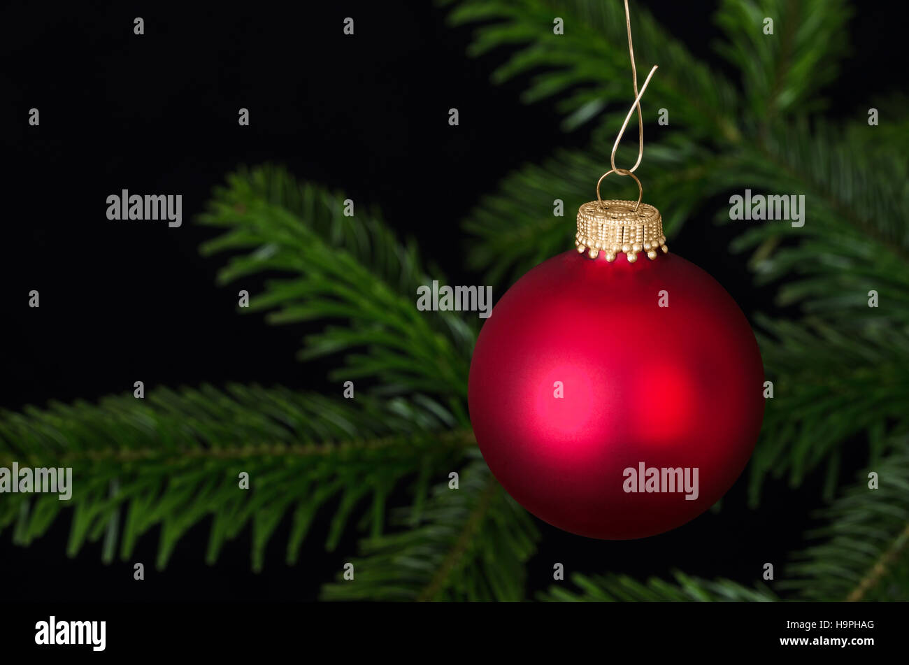 Red glass bauble, a spherical Christmas ornament, usually hung on a Christmas tree.  Christmas ball, a Xmas tree decoration. Stock Photo