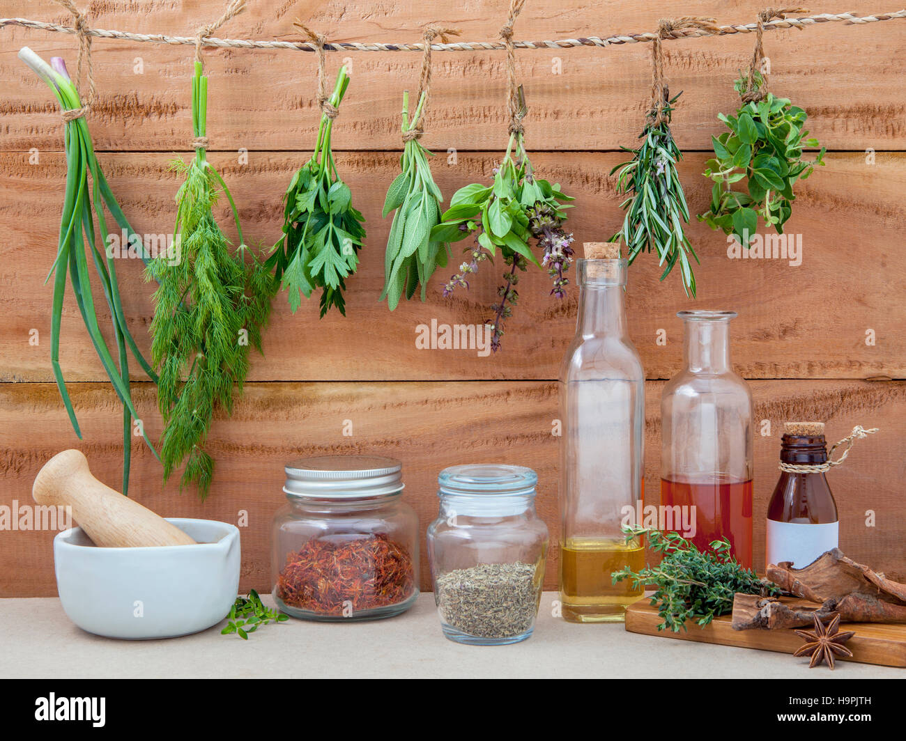 Assorted hanging herbs ,parsley ,oregano,sage,rosemary,sweet bas Stock