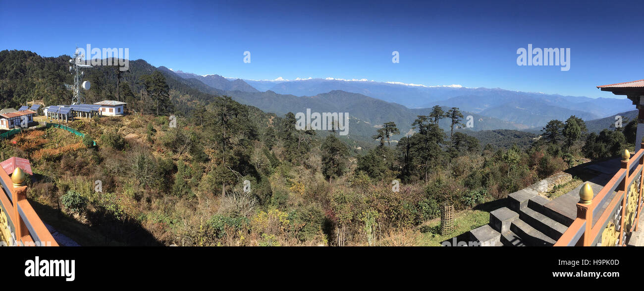 BHUTAN  View towards the Himalayas from Dochu La pass. Photo Tony Gale Stock Photo