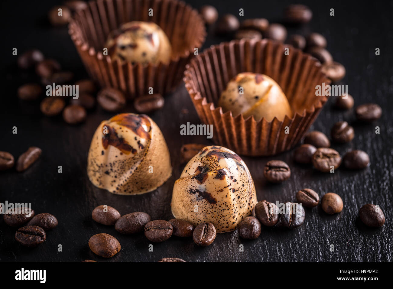 Dark chocolate pralines Stock Photo