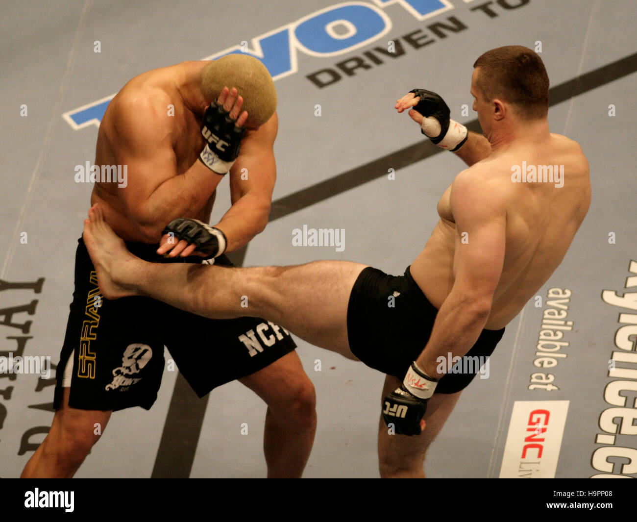 Mirko Cro Cop, right, fights Eddie Sanchez at the Ultimate Fighting Champion Championship UFC 67 at the Mandalay Bay Hotel in Las Vegas on Feb. 3, 2007. Photo credit: Francis Specker Stock Photo
