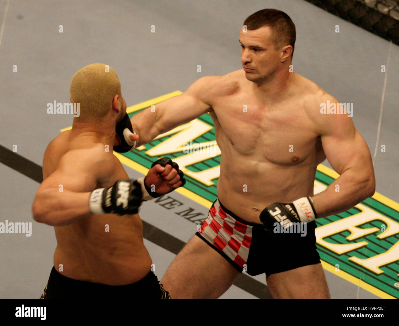 Mirko Cro Cop, right, fights Eddie Sanchez at the Ultimate Fighting Champion Championship UFC 67 at the Mandalay Bay Hotel in Las Vegas on Feb. 3, 2007. Photo credit: Francis Specker Stock Photo