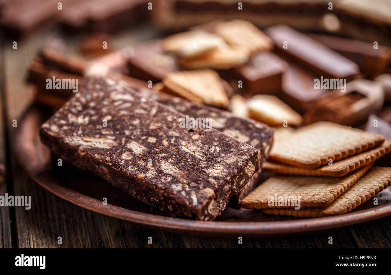 Chocolate salami slices Stock Photo