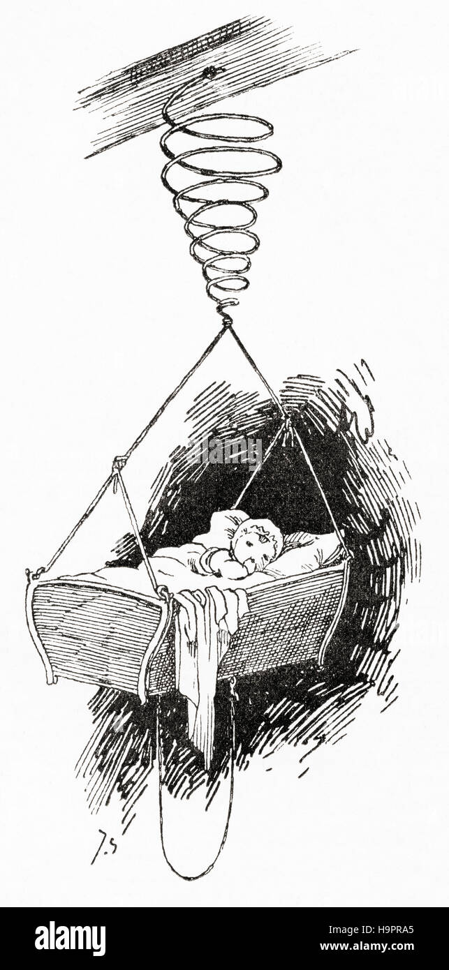 A 19th century Swedish wooden cradle which was suspended from the roof by a spriral spring.  From The Strand Magazine, Vol I January to June, 1891. Stock Photo