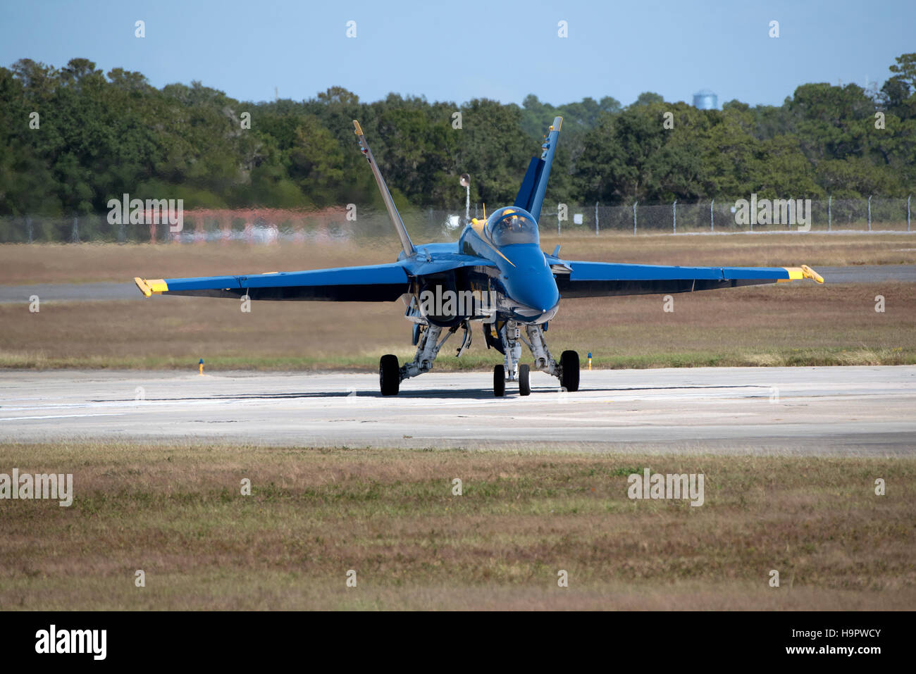 Military Hornet fighter jet preparing for take of from a runway at Pensacola Florida USA - October 2016 Stock Photo