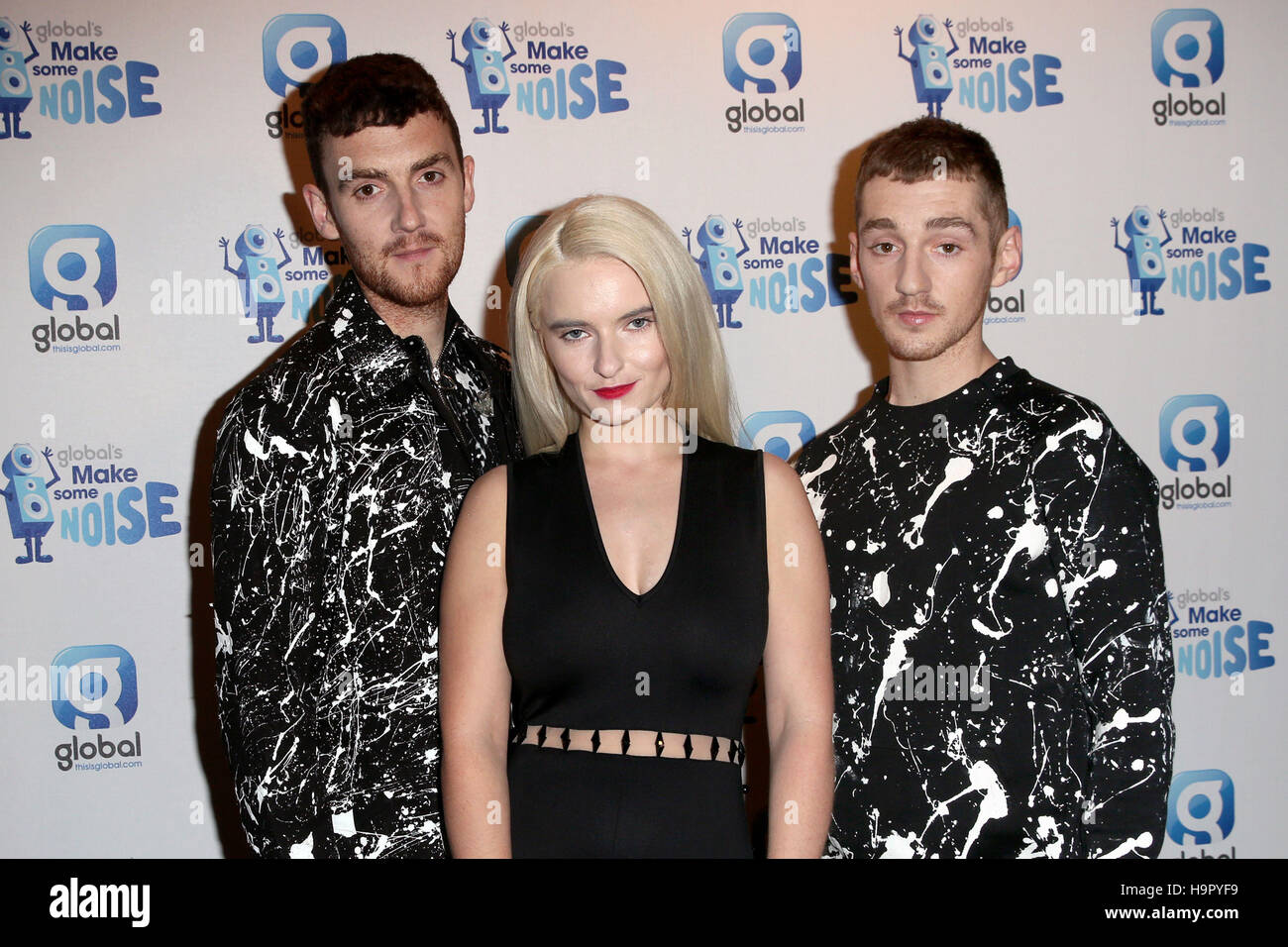 (left-right) Jack Patterson, Grace Chatto and Luke Patterson of Clean Bandit during Global's Make Some Noise Night, held at Supernova, at Victoria Embankment Gardens, London. The star-studded event raised money for Global's Make Some Noise - the charity set up by Global, the media and entertainment group - to help disadvantaged youngsters across the UK. Stock Photo