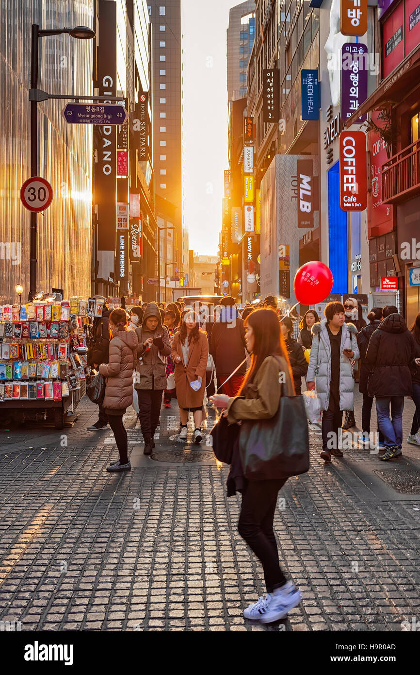 Seoul, South Korea March 14, 2016 Korean young people passing by on