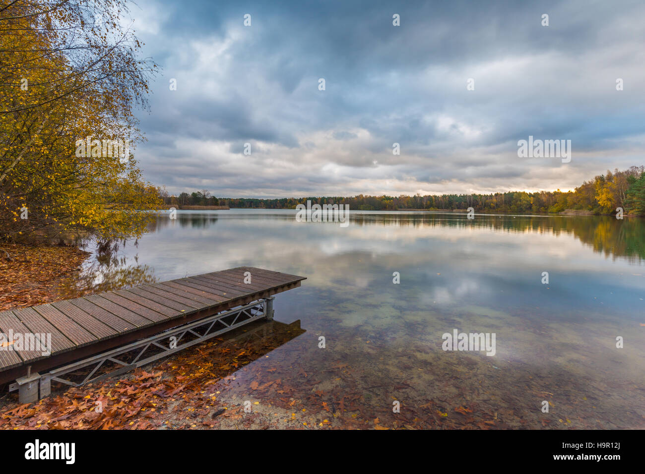 Lakeside with jetty, fallen leaves and treeline in bright autumn colors. Early morning scenic view with cloudy sky and its reflection on the water Stock Photo