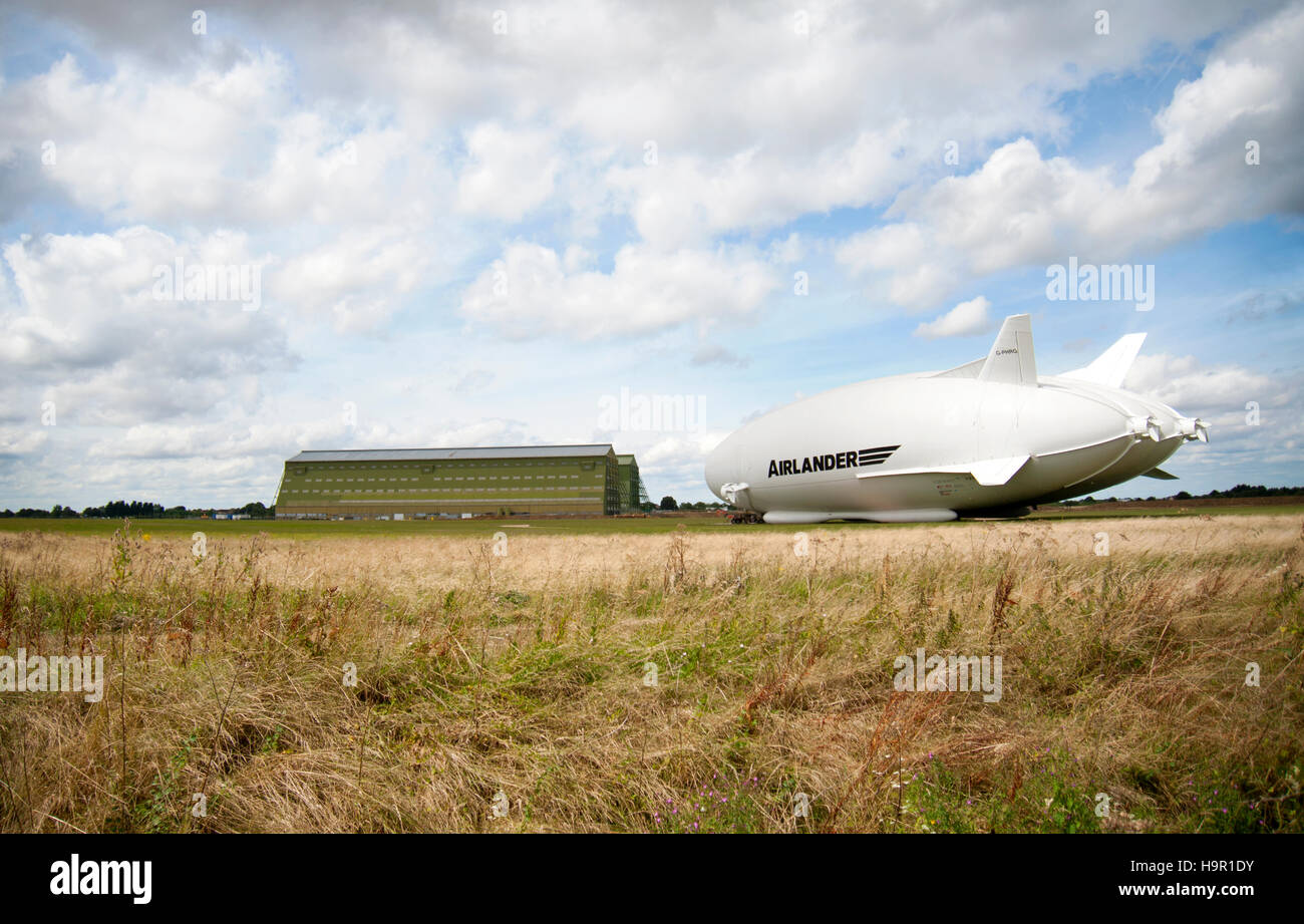 Worlds largest aircraft, the Hybrid Air Vehicles Airlander 10, is prepared for it's maiden flight from Cardington Sheds, Bedfordshire, England, UK Stock Photo