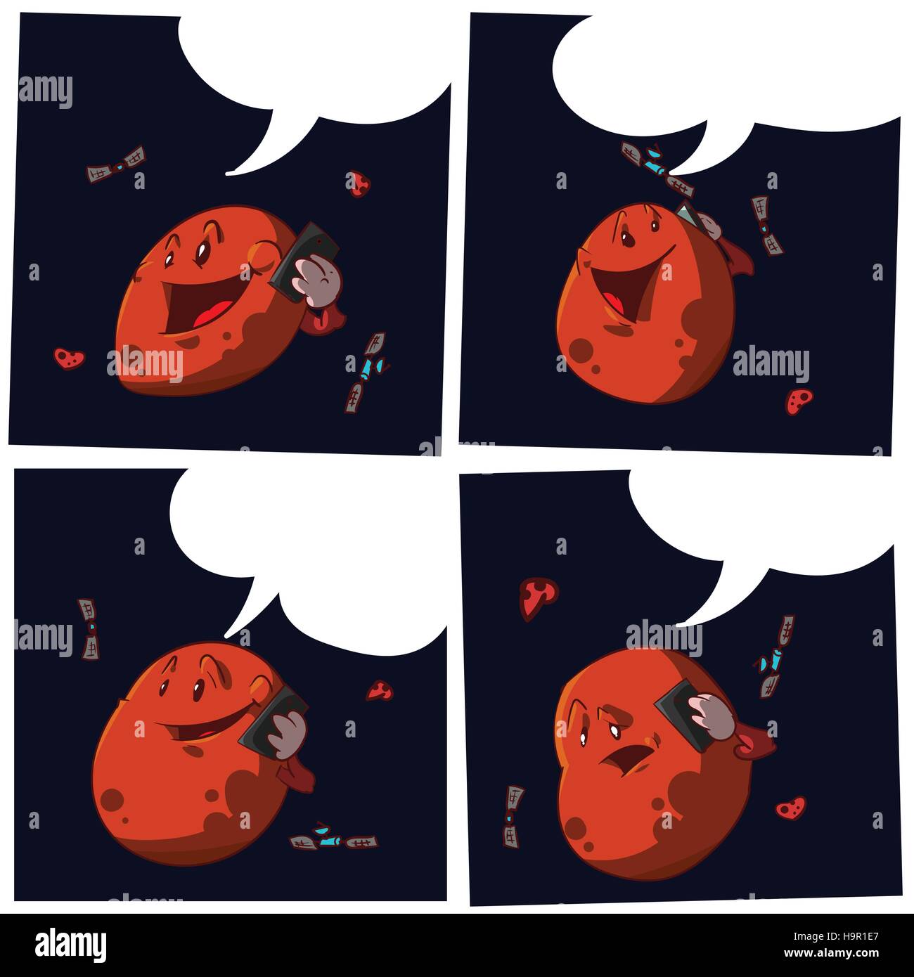 Colorful vector comic of Mars, calling Earth on the phone, inviting us to visit for a cup of coffee. Stock Vector